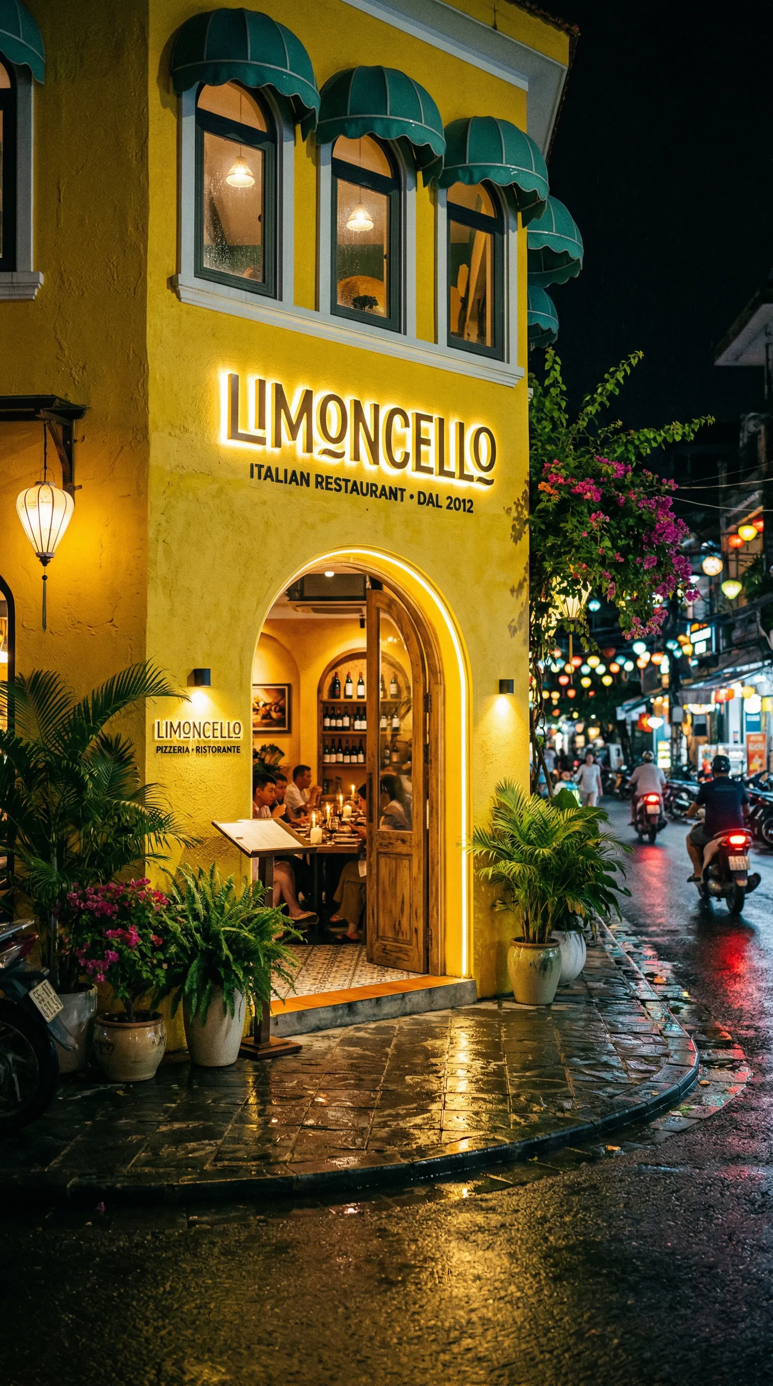 Limoncello restaurant entrance at night — cinematic view